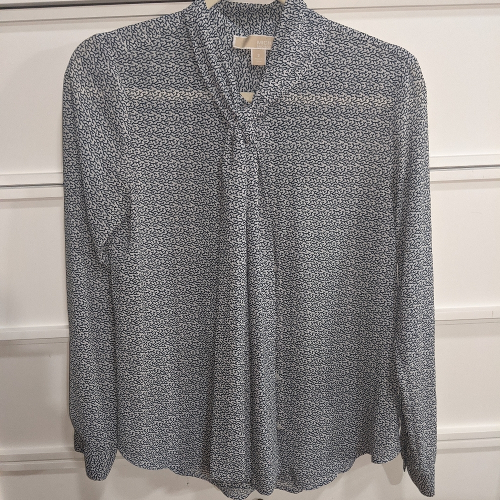 Michael Kors Small White/Blue Front Tie Blouse